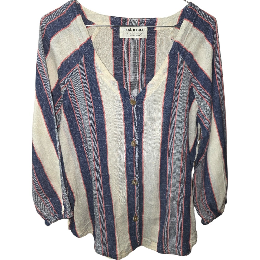 Cloth & Stone Anthropologie Striped V-Neck Button Down Blouse Top Size M